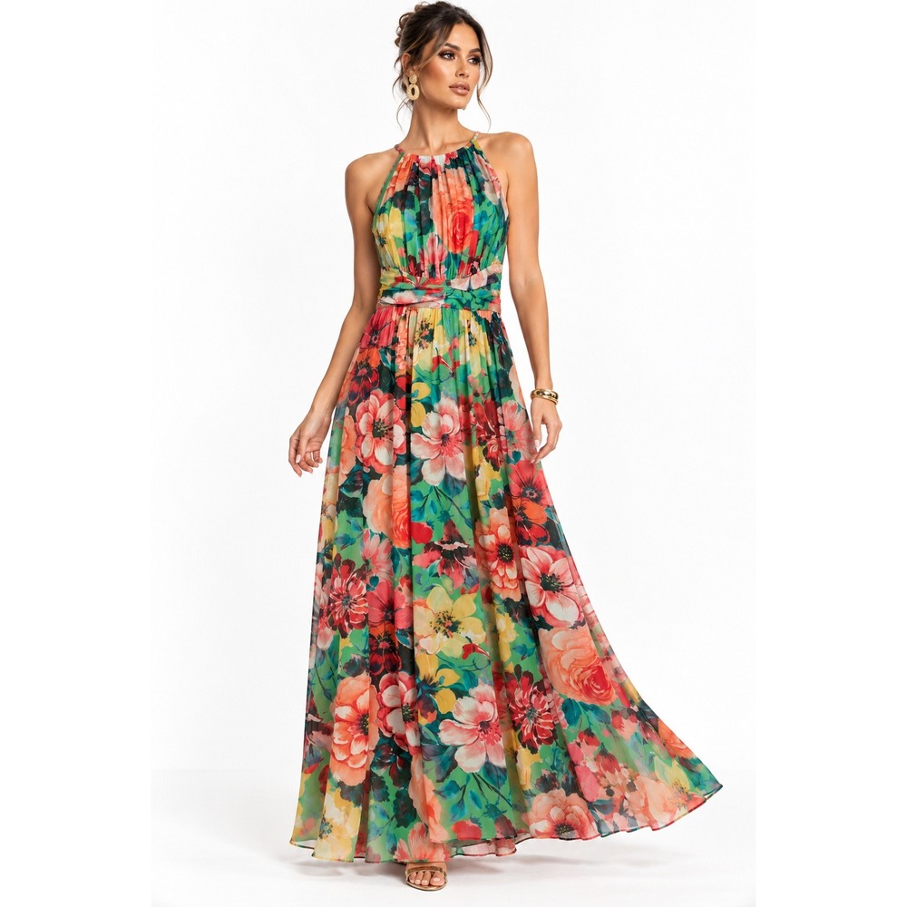 Maggy London Milania Halter Neck Maxi Dress Green Floral Print Size 0 NWT